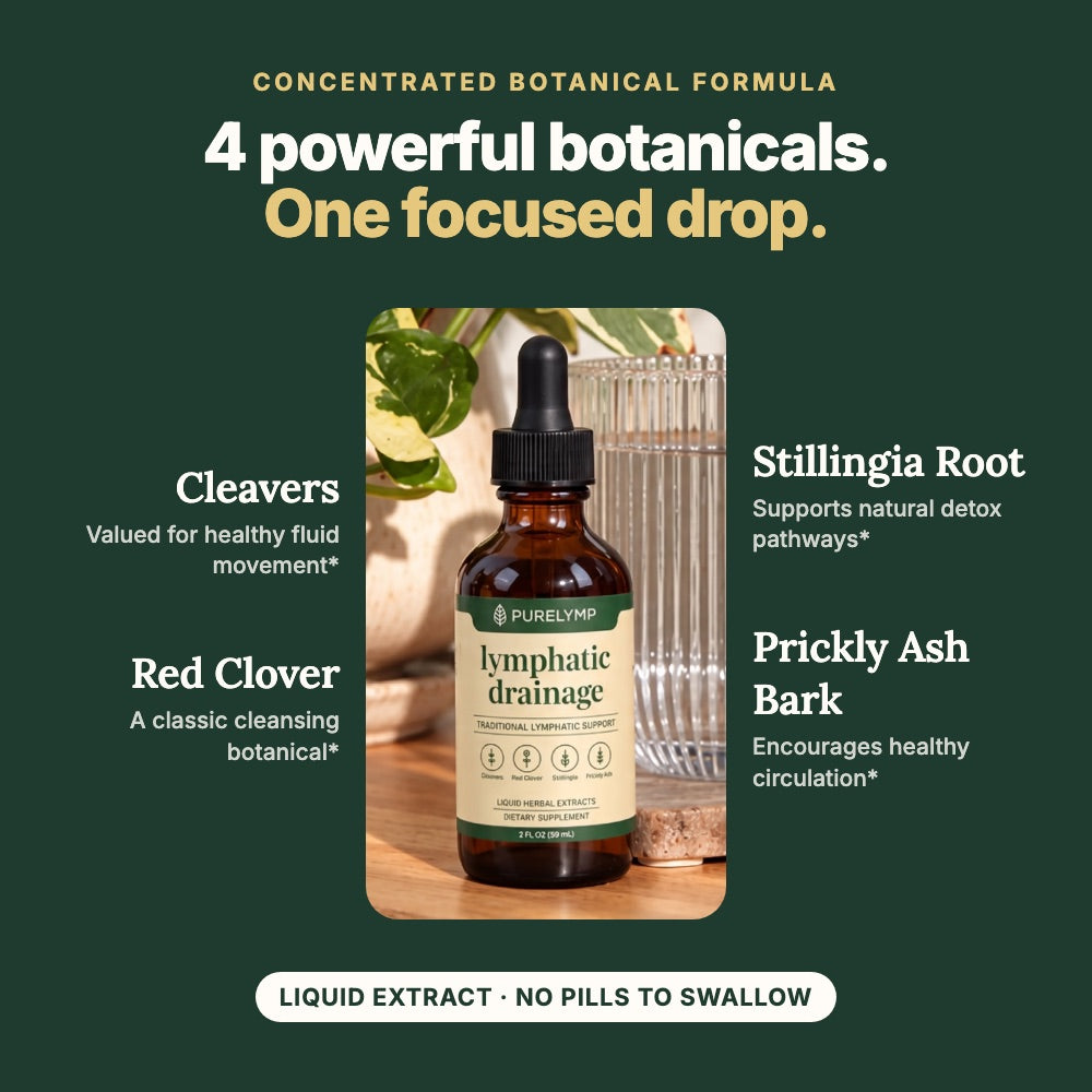 The four PureLymp botanicals: cleavers, red clover, stillingia root and prickly ash bark