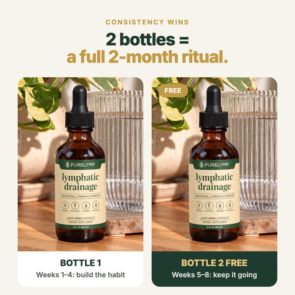 Two bottles of PureLymp: bottle one for weeks 1 to 4, bottle two free for weeks 5 to 8