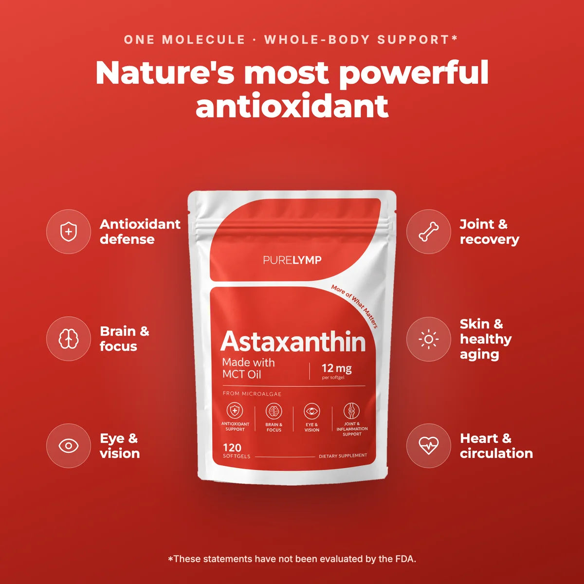 PureLymp Astaxanthin supports antioxidant defense, brain and focus, eye and vision, joints and recovery, skin and healthy aging, and heart and circulation