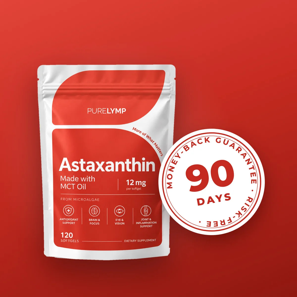 PureLymp Astaxanthin pouch with a 90-day money-back guarantee seal
