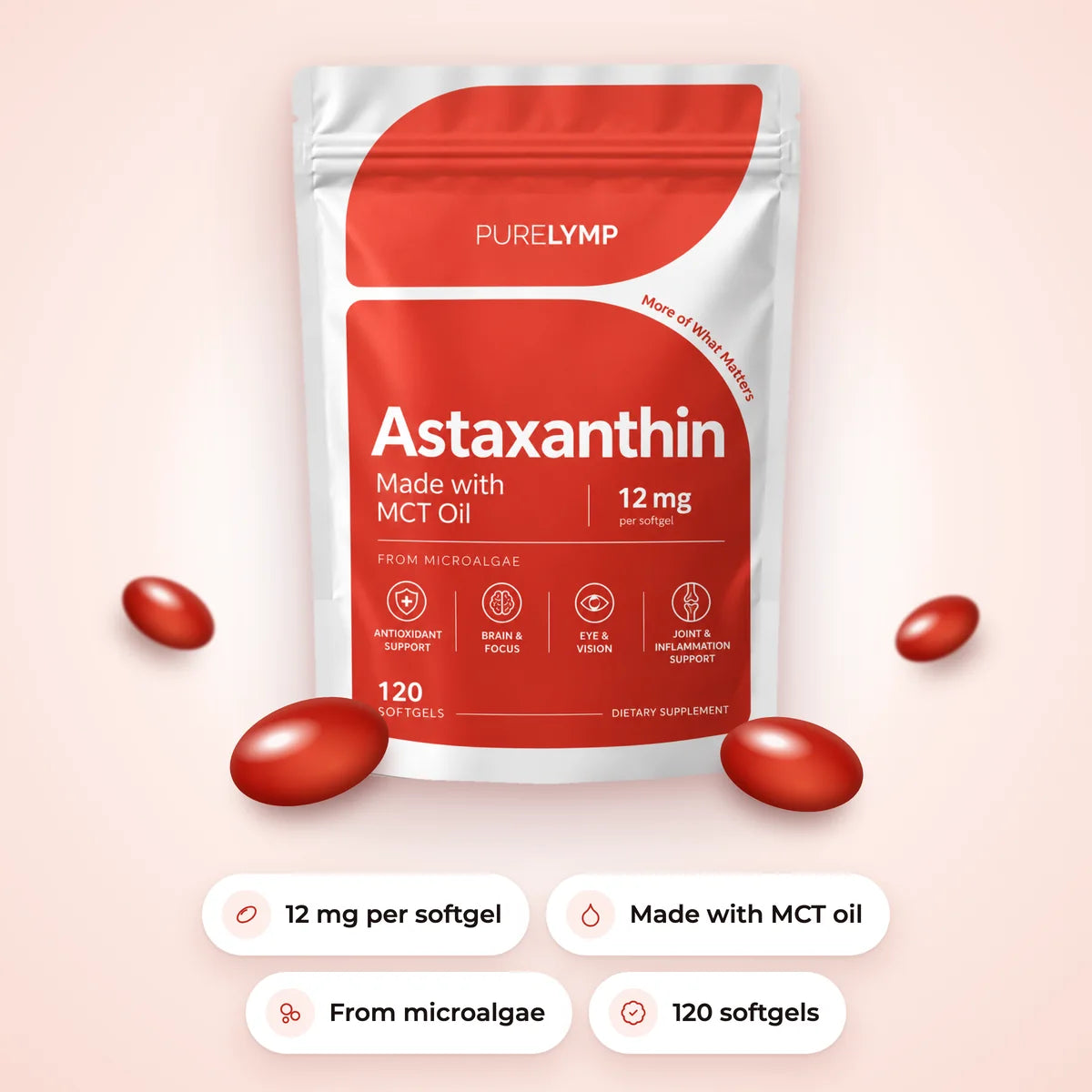 PureLymp Astaxanthin pouch: 12 mg per softgel, made with MCT oil, from microalgae, 120 softgels