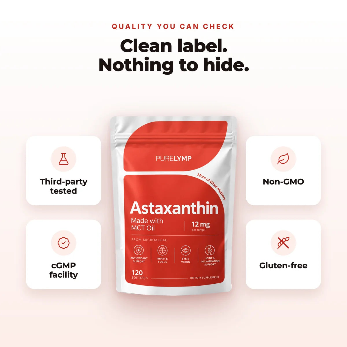 PureLymp Astaxanthin pouch with badges: third-party tested, cGMP facility, non-GMO, gluten-free
