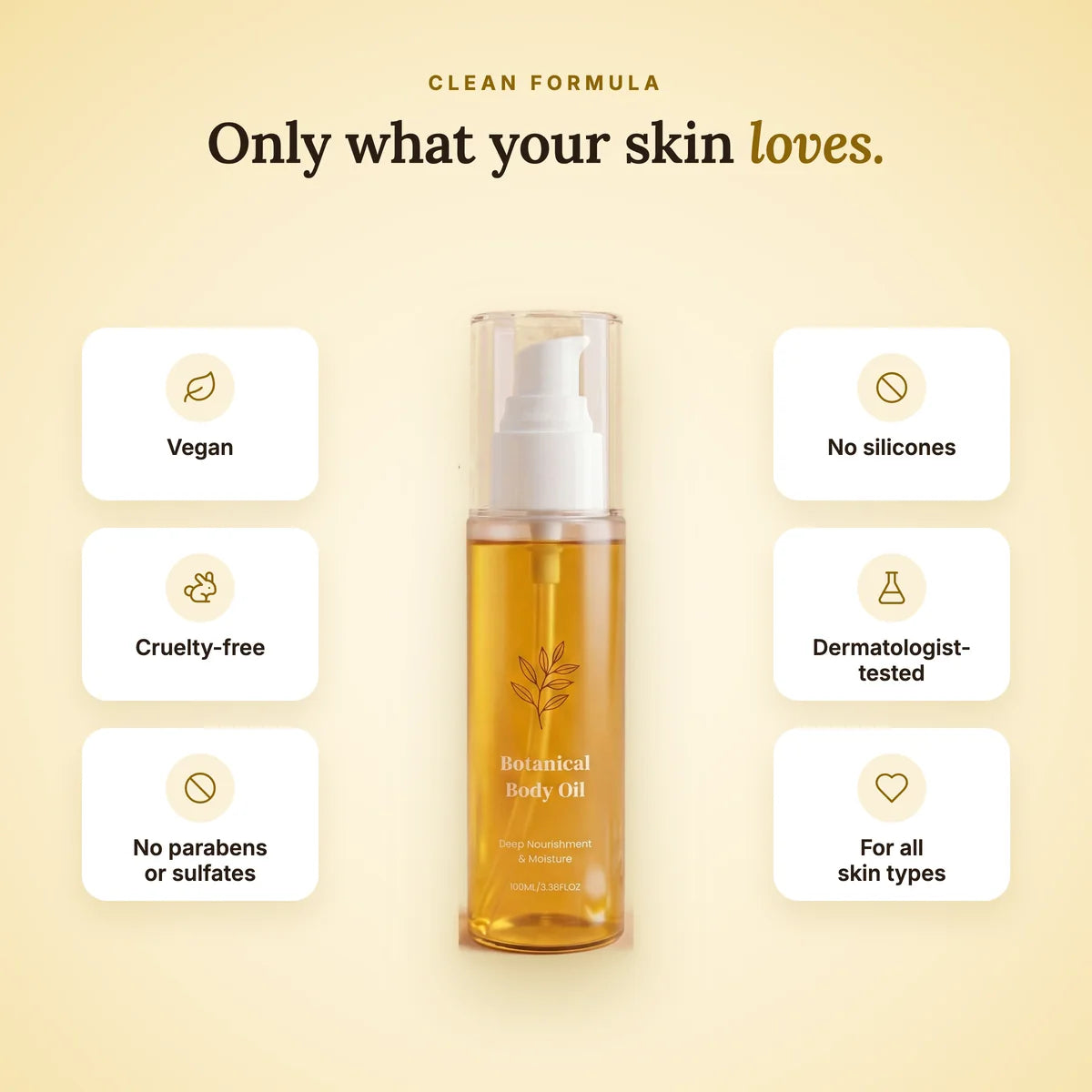 Botanical Body Oil with badges: vegan, cruelty-free, no parabens or sulfates, no silicones, dermatologist-tested, for all skin types