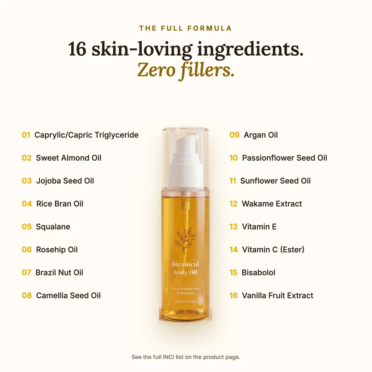 The 16 ingredients of Botanical Body Oil listed around the bottle