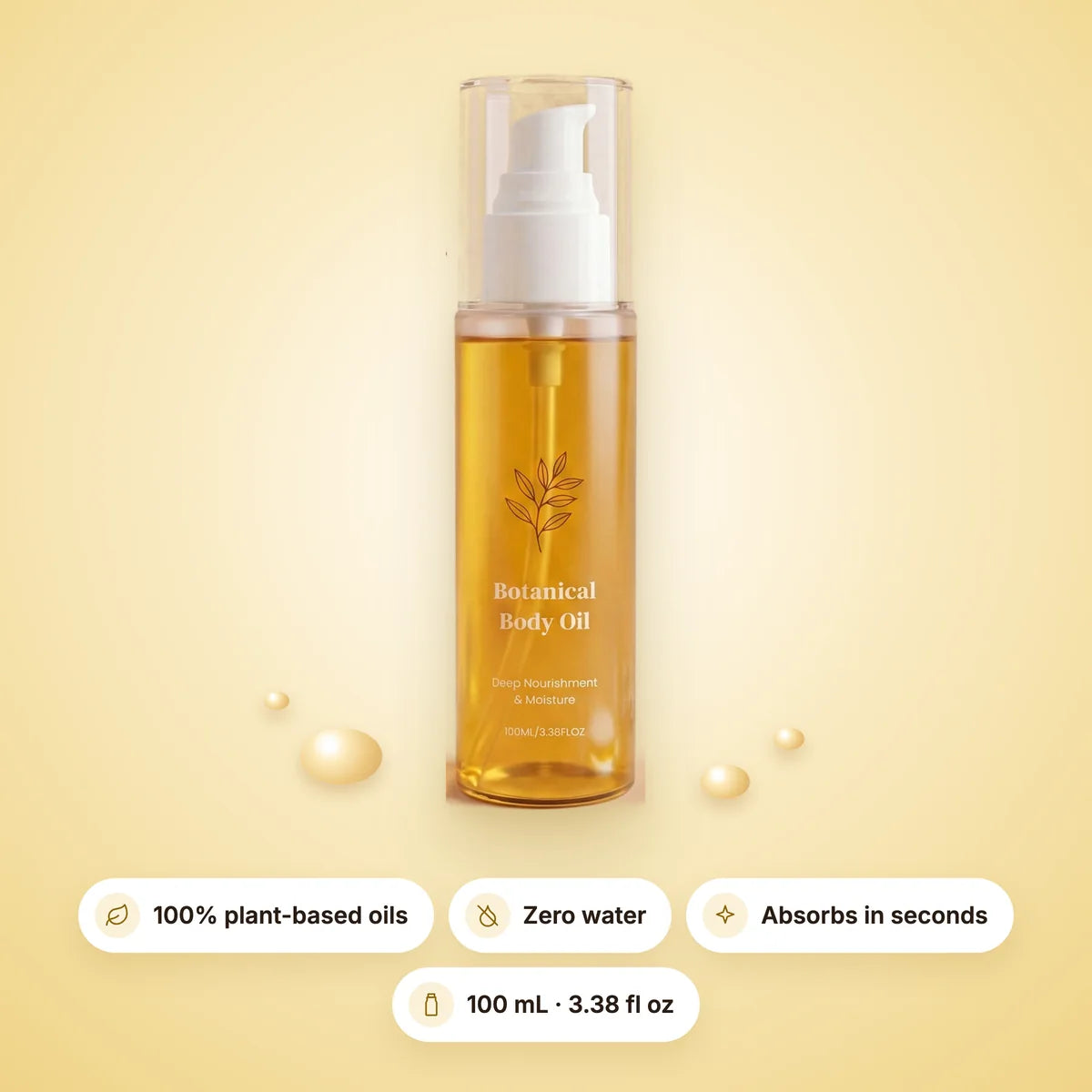 Botanical Body Oil bottle, 100 mL, with golden oil droplets